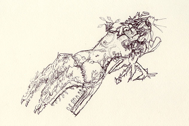A Woman Being Consumed By Dogs, Biro, 2000, by Ed