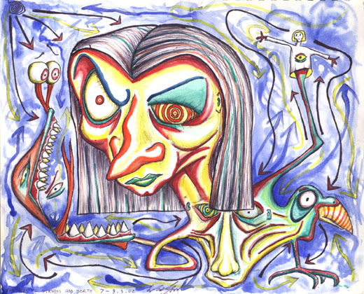The Faces of Sickness and Health, water colour on paper 2002